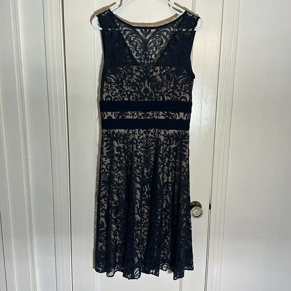 Navy Lace Fit & Flare Dress - Elegant Sleeveless Design - Picture 2 of 5